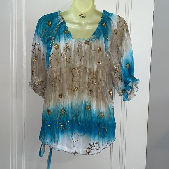 Peter Nygard turquoise & tan polyester blouse with gold spangles & embroidery - Picture 6 of 9